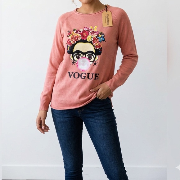Vinizbena Sweaters - VOGUE Pink Graphic Sweatshirt - Women's Sweater